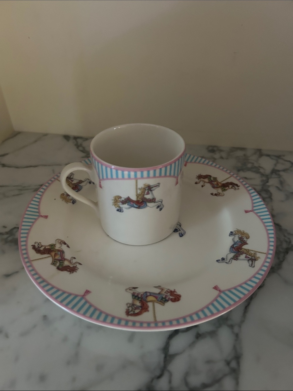 Tiffany &Co Pink & Blue Carousel Horse Cup and Plate Set